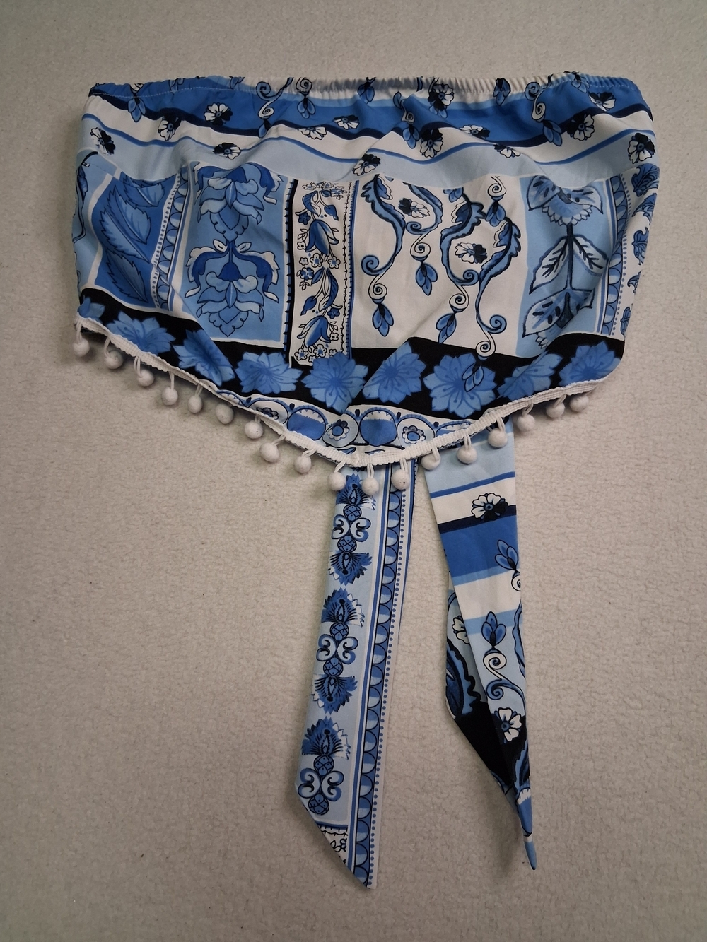 Blue Floral Boho Bandeau Top with Tassel Tie